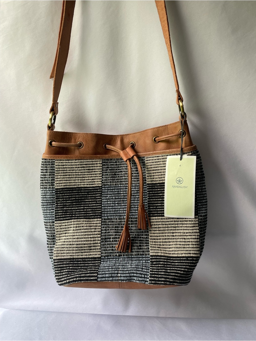 ANABAGLISH Blue Black & Cream Woven Bucket Bag with Tan Leather Trim Crossbody